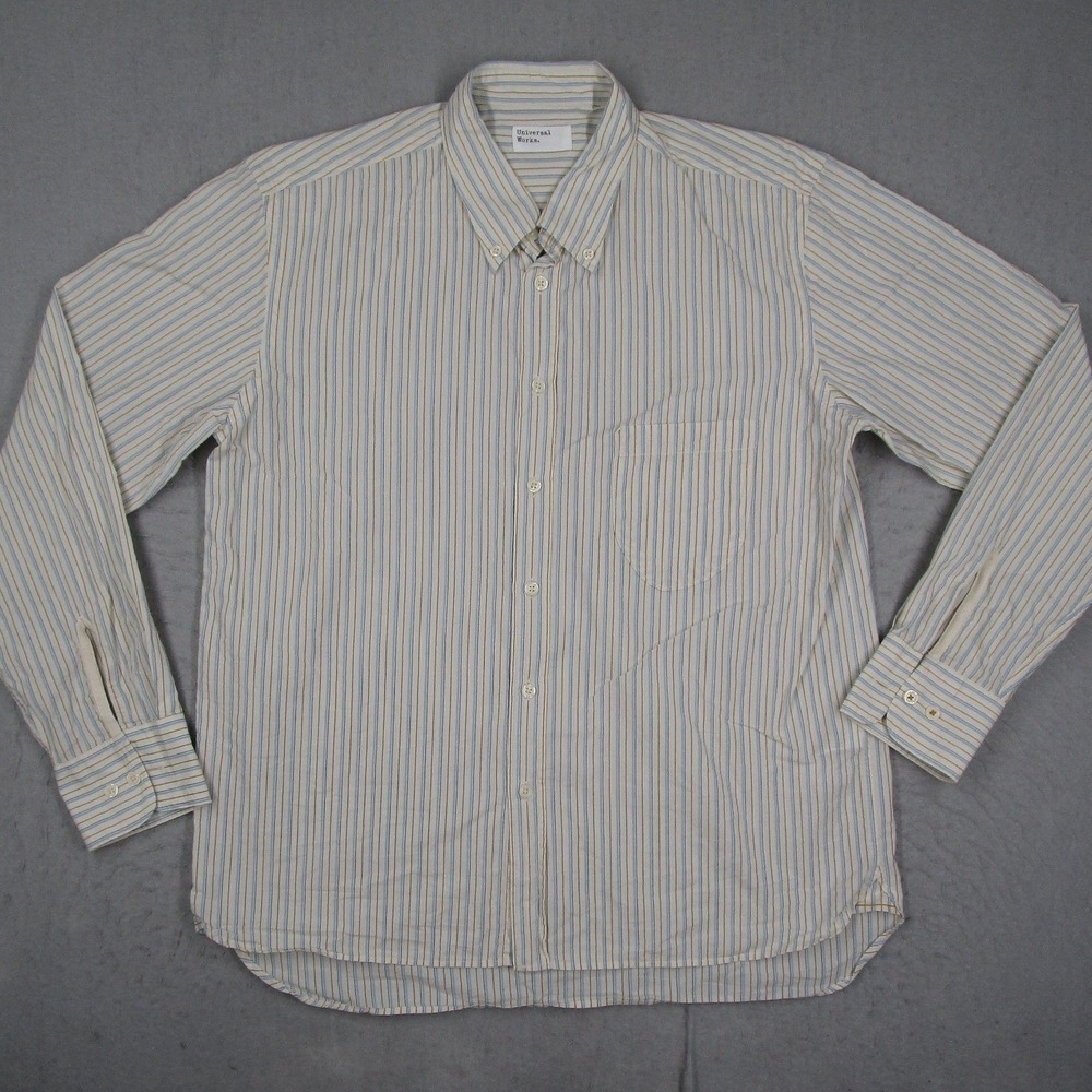 Universal Works Mens Striped Button Down Shirt Blue Brown Cotton Size M 33555